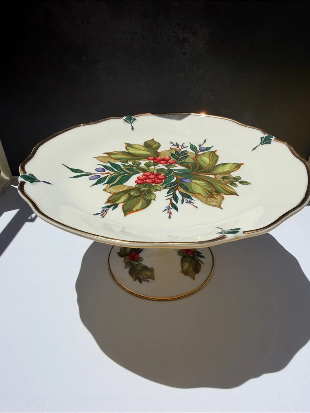 Princess House Winter Garden Pedestal Compote with Green Leaves and Red Berries